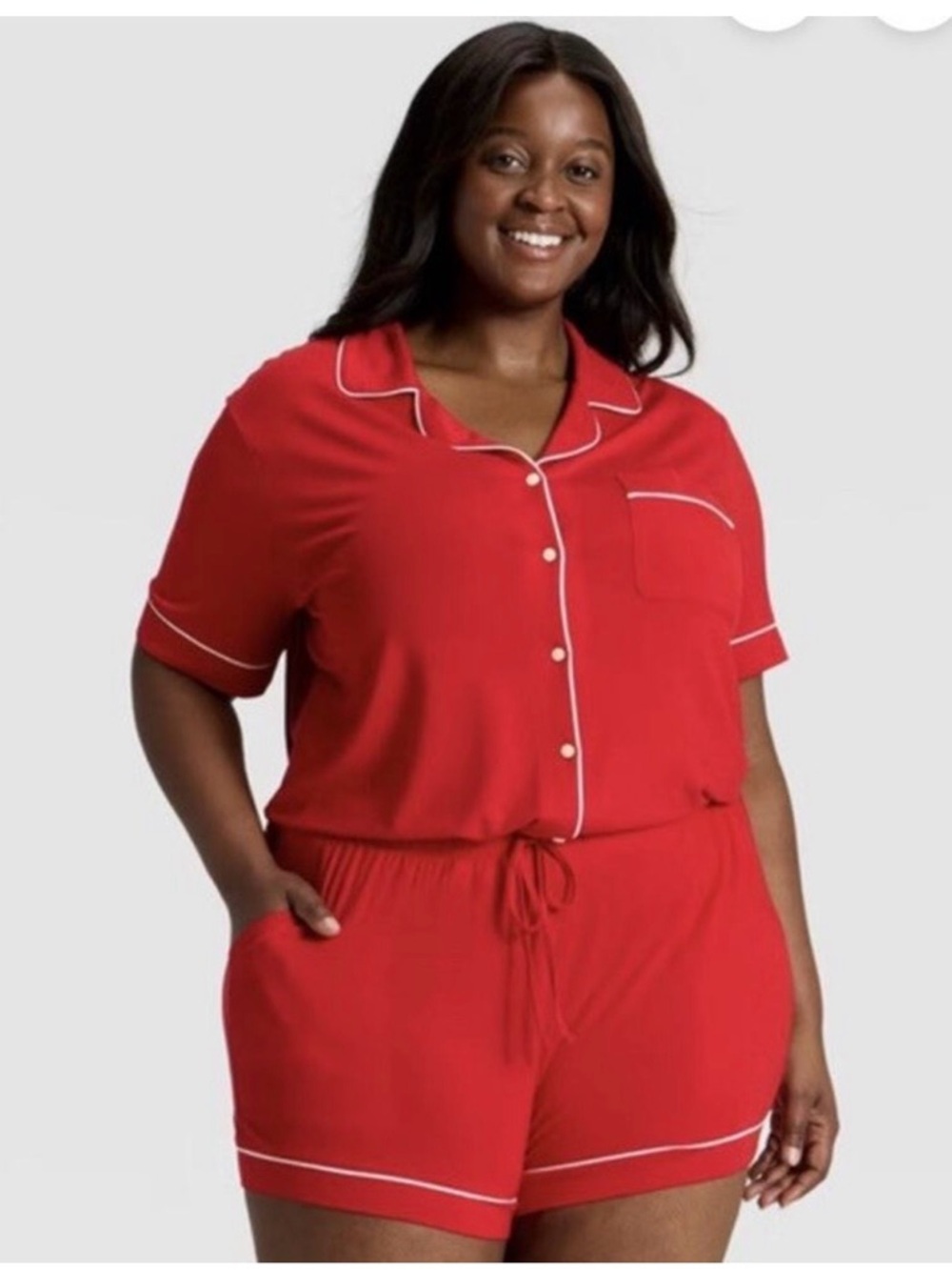 Auden Cloud Knit Red Short-Sleeve Button Pajama Set with Contrast Piping size XL - Picture 3 of 7